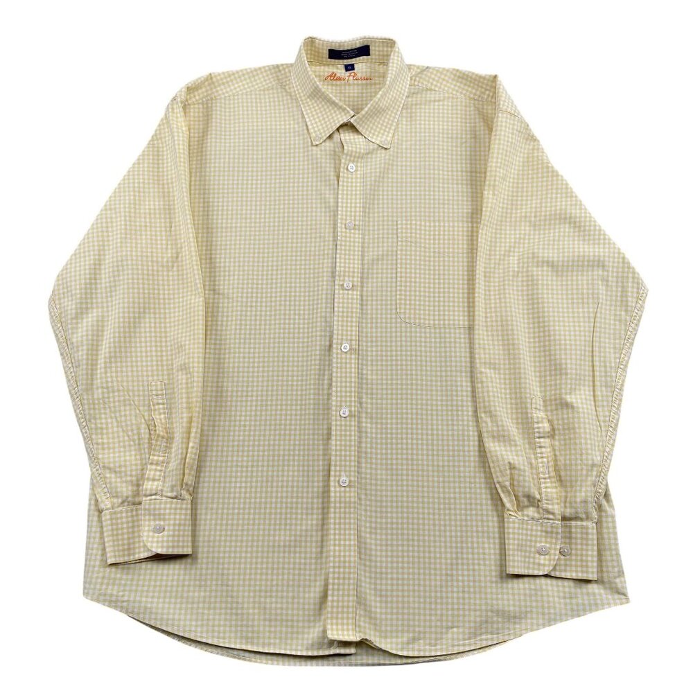 Alan‎ Flusser Button Down Shirt Mens XL Yellow & White Check 100% Cotton